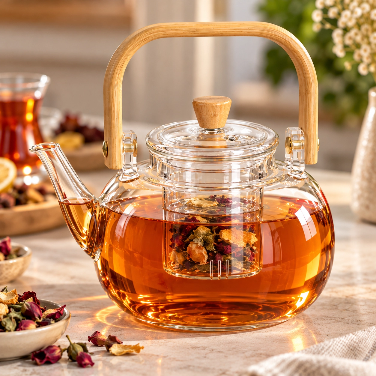 Bambu Saplı Cam Çaydanlık – Cam Süzgeçli Bitki ve Kış Çayı Demliği